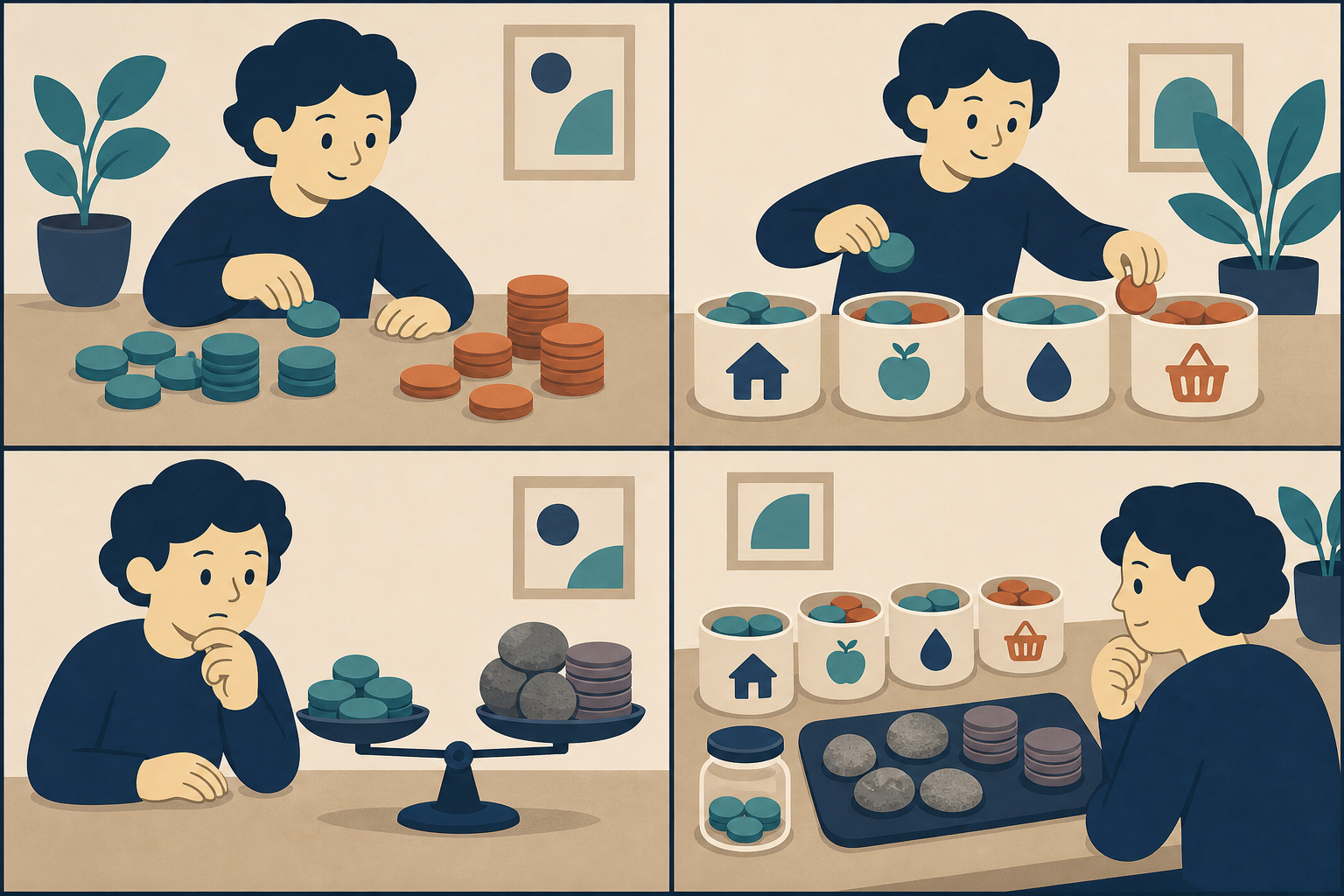 한 인물이 소득과 저축 토큰을 모아 생활비 통에 나누고, 남은 토큰을 채무 돌과 저울질한 뒤 일부를 예비비 통에 담는다