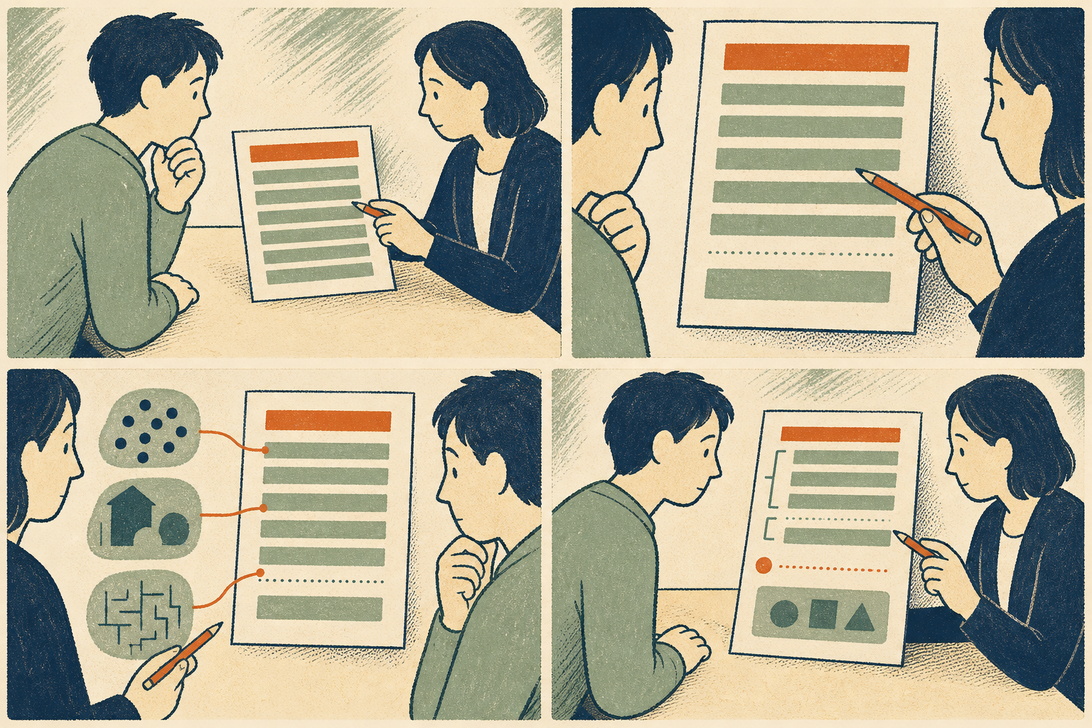 두 사람이 견적서를 살피고 항목을 연필로 짚은 뒤, 점·집·미로 모양과 연결된 항목을 거쳐 묶음과 조건 표시를 함께 검토한다.