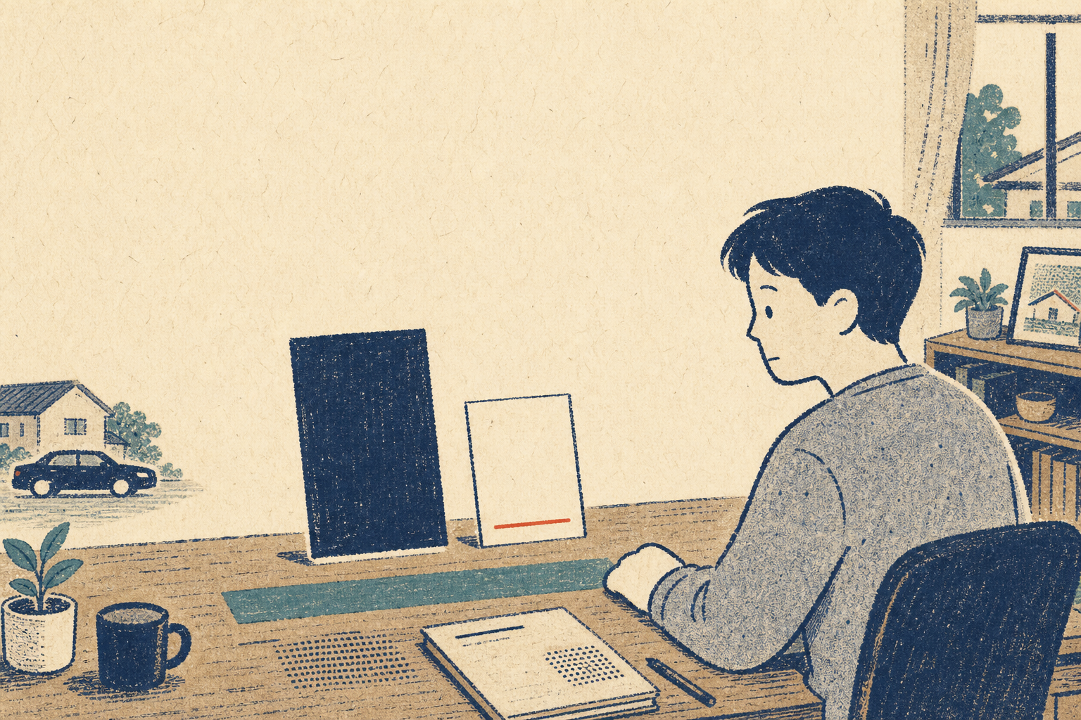 집과 자동차가 보이는 방에서 책상에 앉아 크기가 다른 두 카드를 비교하는 사람