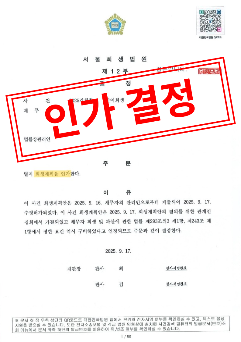 간이회생 회생계획안 인가 결정문